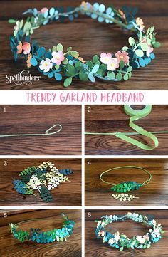 instructions to make a flower crown with paper flowers and leaves for the headbands