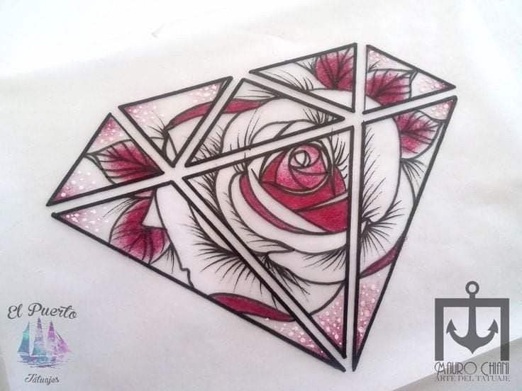 a drawing of a rose in a diamond shape with pink and white flowers on it