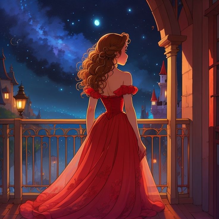 a woman in a red dress looking out at the night sky from a balcony overlooking a castle