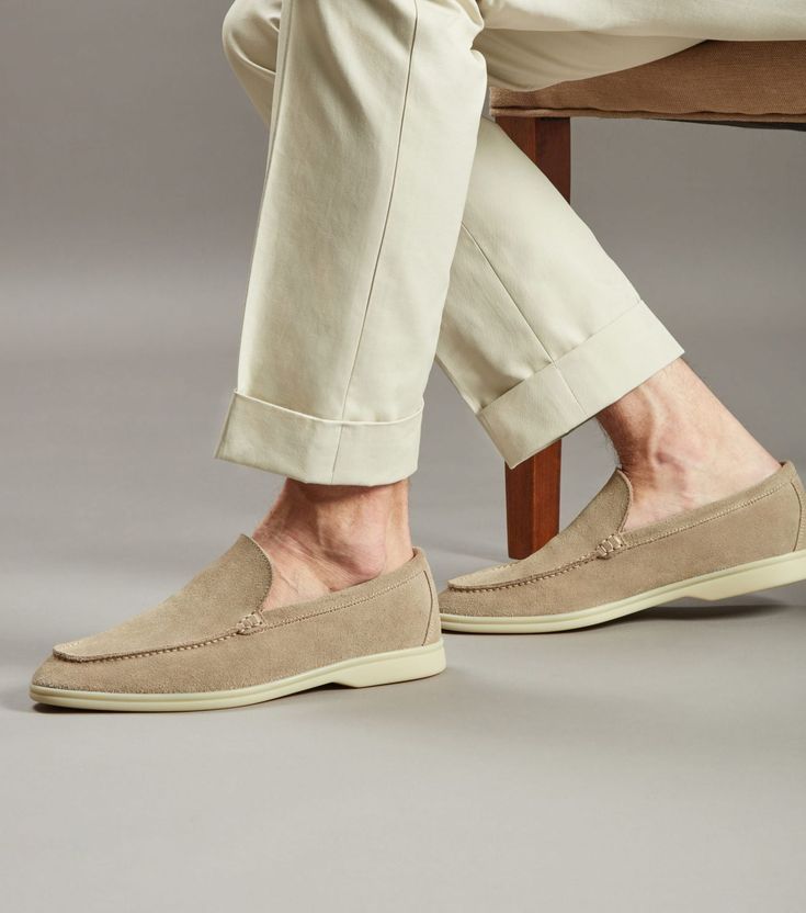 Brabion Unlined Capri Suede Loafer – Beige Business Casual Slip-ons With Almond Toe And Stitched Sole, Casual Slip-on Dress Shoes With Contrast Sole, Casual Tassel Loafers With Plain Toe For Galas, Casual Plain Toe Tassel Loafers For Galas, Cushioned Wingtip Slip-on Loafers, Business Casual Slip-ons With Almond Toe, Beige Slip-on Business Moccasins, Beige Slip-on Loafers With Stitched Sole, Beige Low-top Loafers With Rubber Sole