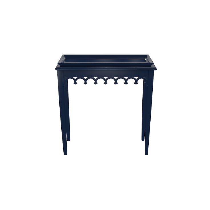 a small blue table with an ornate design on the top and bottom, against a white background