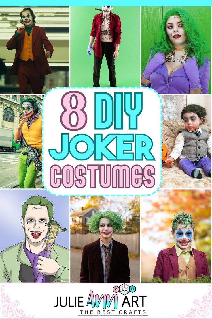 the 8 diy joker costumes are featured in this collage with text overlay