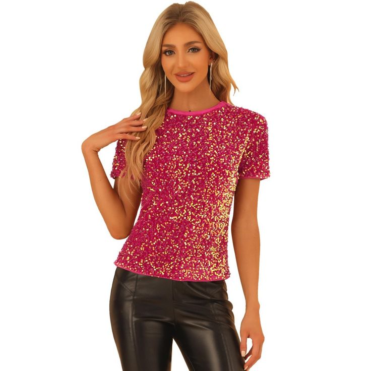 Crafted from the softest velvet fabric and embellished with delicate sequins, this blouse is the perfect choice for any day or night occasion. The regular-fit design is comfortable to wear and flattering to most body types, while the crew neck and short sleeves provide a classic and timeless look that is perfect for any event. The shimmery sequins add a touch of sparkle and glamour, making it perfect to wear for a night out. This blouse is incredibly versatile and can be paired with almost anyth Fitted Blouses, Women's Blouses, Sequin Fabric, Women's Wardrobe, Chic Woman, Womens Clothing Sizes, Short Tops, Womens Clothing Tops, Women Long Sleeve