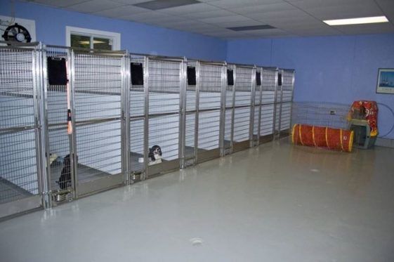 an empty room with lots of metal shelves