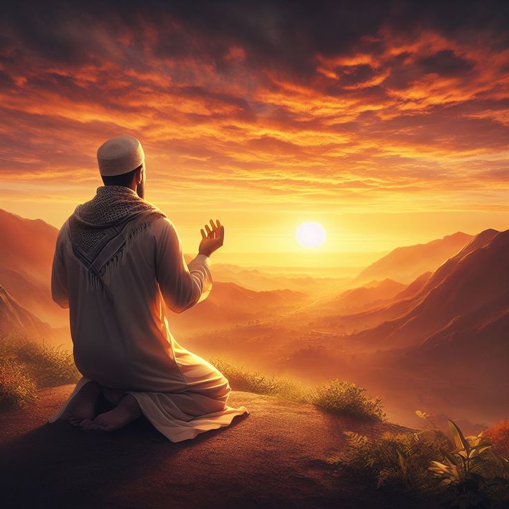 a man sitting on top of a hill with his hands in the air while praying