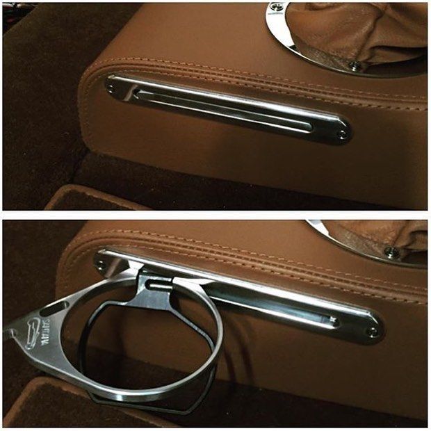 two pictures of an open brown suitcase with metal handles, and one showing the handle