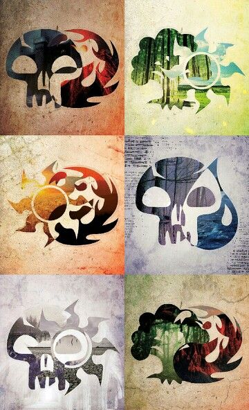 four different colored images of skulls and faces