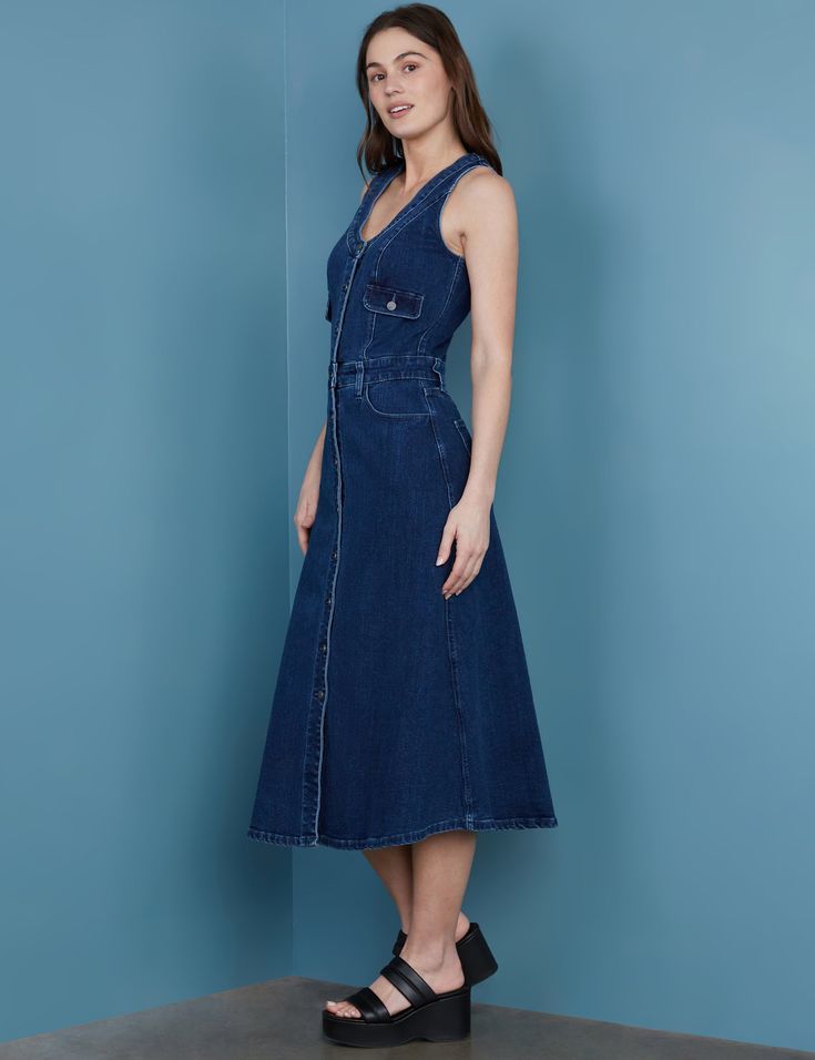 Women's Designer Premium Denim Vest Midi Dress in Dark Wash Denim Dark Wash Midi Dress With Pockets, Casual Midi Denim Dress With Pockets, Casual Midi Length Denim Dress With Pockets, Spring Midi Dress Medium Wash For Work, Summer Workwear Indigo Dress, Medium Wash Midi Dress With Pockets, Sleeveless Indigo Denim Dress, Sleeveless Denim Midi Dress With Pockets, Indigo Dresses For Summer Workwear