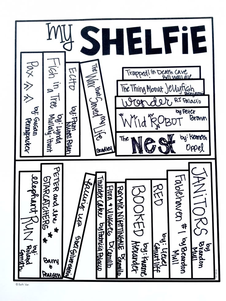 a book shelf with many books on it and the words sheifie written in black ink