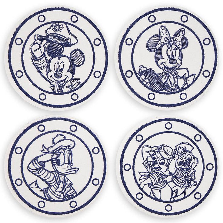 four mickey mouse coasters with blue and white designs