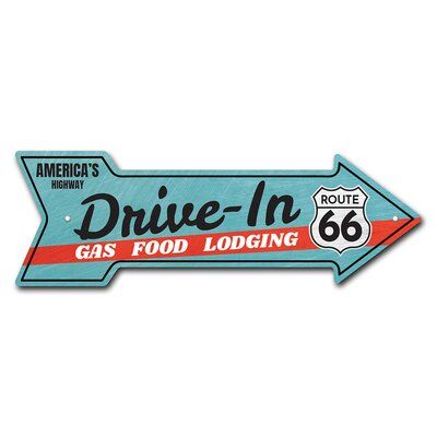 a blue and red arrow sign that says drive - in gas food looking route 66