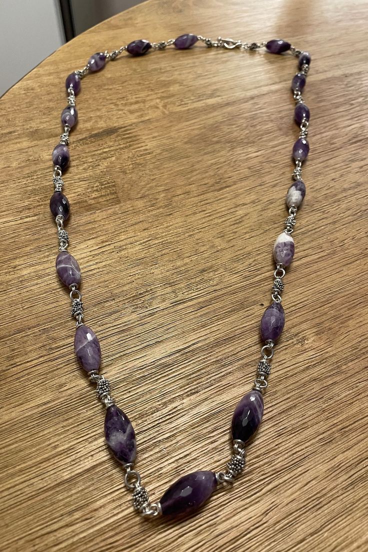 Michael Dawkins Amethyst Necklace 925 Silver Beaded 36" Toggle Estate Bridal Wedding Mother Birthday Gift Her Christmas Collectible Designer Jewelry Silver Oval Beaded Jewelry, Silver Long Necklace With Polished Beads For Gift, Spiritual Silver Amethyst Beaded Necklaces, Spiritual Silver Amethyst Beaded Necklace, Silver Beaded Amethyst Crystal Necklace, Silver Amethyst Beaded Crystal Necklace, Silver Polished Beads Gemstones For Gift, Purple Amethyst Jewelry With Silver Beads, Silver Beaded Gemstones For Jewelry Making