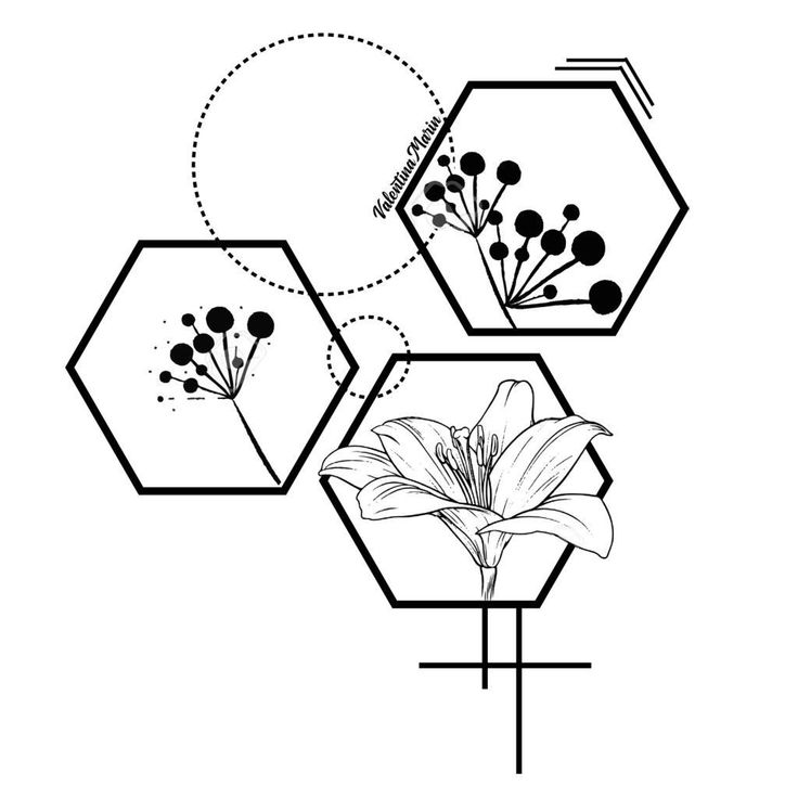 three hexagonals with flowers and plants on them, one is black and white