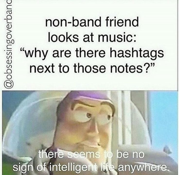 an image of a cartoon character with text that reads, no - band friend looks at music why are there hashs next to those notes?