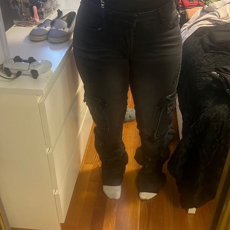 Brand New Never Worn Black Stacked Pants Still With Tags Black Fitted Work Pants With Pockets, Fitted Black Work Pants With Pockets, Black Full-length Jeans With Side Pockets, Black Full-length Cargo Jeans, Black Full Length Cargo Jeans, Stretch Black Work Pants With Pockets, Black Stretch Work Pants With Pockets, Stretch Black Straight Leg Work Pants, Black Stretch Straight Leg Work Pants