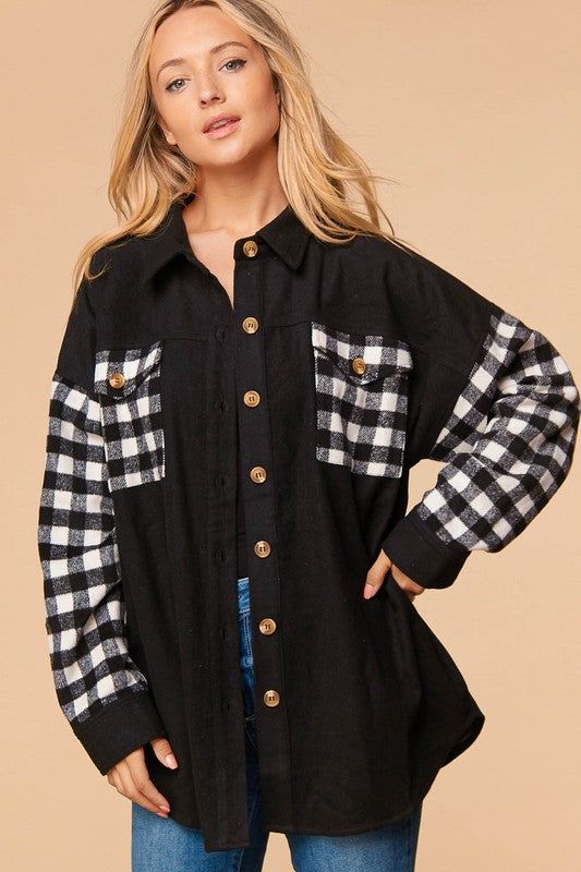 Buffalo Plaid is a must! This cute colorblock button down is going to be a closet favorite. Relaxed, oversized fit makes a great layer over graphic tees, tank, or tees! 70% Polyester, 30% Acrylic Apricot Lane Boutique, Styling Guide, Apricot Lane, Plaid Sleeve, Basic Tops, Oversized Shirt, Buffalo Plaid, Oversized Fits, Shirt Jacket