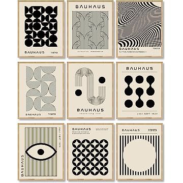 six black and white posters with different shapes