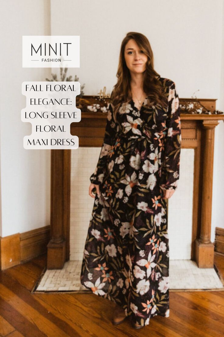 Embrace the changing seasons with our Long Sleeve Floral Maxi Dress! Transition into fall in style with this elegant floral dress, featuring long sleeves and a flowing maxi silhouette. Perfect for autumnal gatherings or romantic strolls through falling leaves. #FallFloral #MaxiDress #FallTransition #FloralFashion Flowy Floral Print Dress For Casual Occasions, Modest Floral Print Dress For Fall, Black Chiffon Maxi Dress With Floral Print, Black Floral Print Dress For Fall, Chic Floral Dress For Fall, Long Sleeve Floral Dress For Casual Occasions, Flowy Black Floral Print Dress, Modest Flowy Floral Dress For Casual Wear, Modest Flowy Floral Dress For Casual Occasions