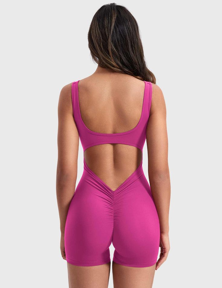 Our Lizvette V-Back Romper combines style and comfort with its striking design. The deep V and hip-lifting ruching enhance your curves, while its anti-sag, stretchy fabric ensures a perfect fit all day. A must-have for effortless elegance!   Feature    U-shaped wide neckline and open back   Deep V at the hips and hip-lifting scrunching design   Removable cup pads   Anti-sagging, compression yet stretchy   Double-sided fleece fabric   4.5-inch inseam    Fabric    75% Nylon + 25% Spandex    Model