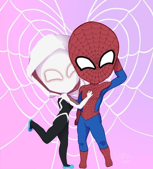 spider - man and black cat are standing next to each other in front of a pink background