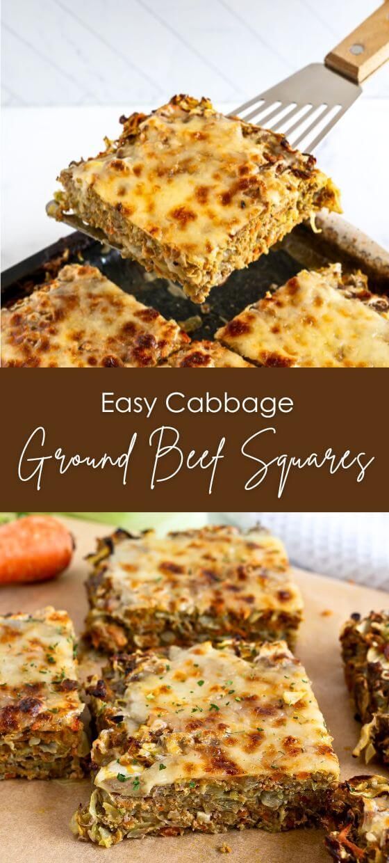 easy cabbage ground beef squares on a cutting board with carrots in the background and text overlay that says easy cabbage ground beef squares