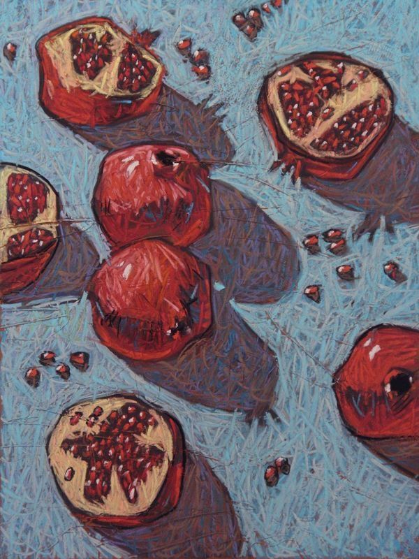 an oil painting of pomegranates and seeds on a blue tablecloth