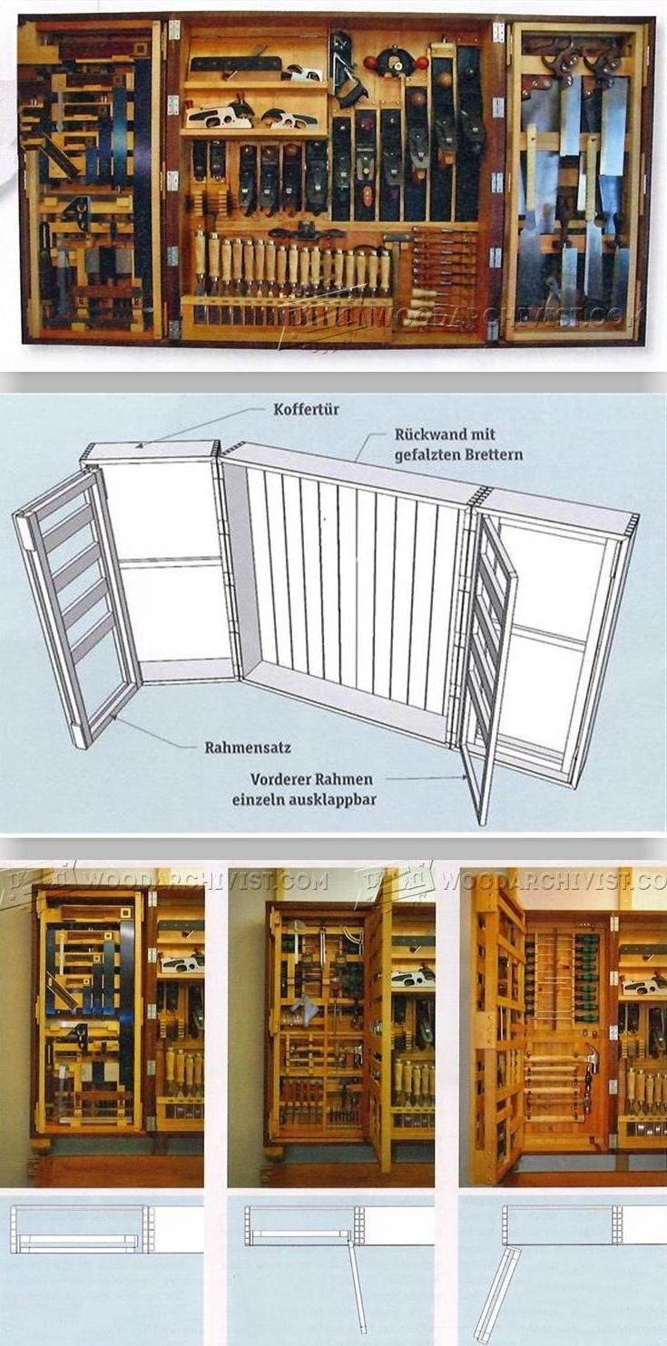 the inside and outside view of a wooden cabinet with many different parts in it, including doors