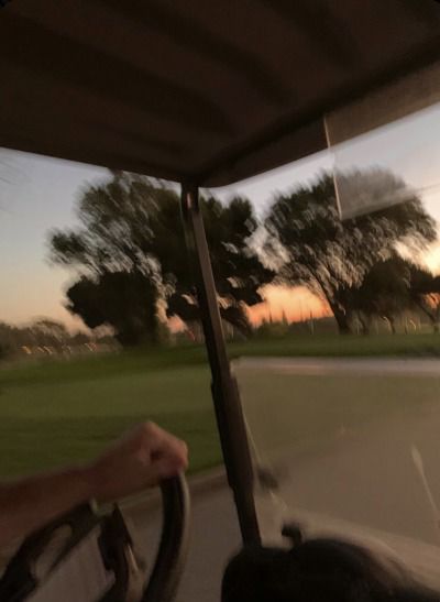 a person driving a vehicle on a road at sunset or dawn with trees in the background