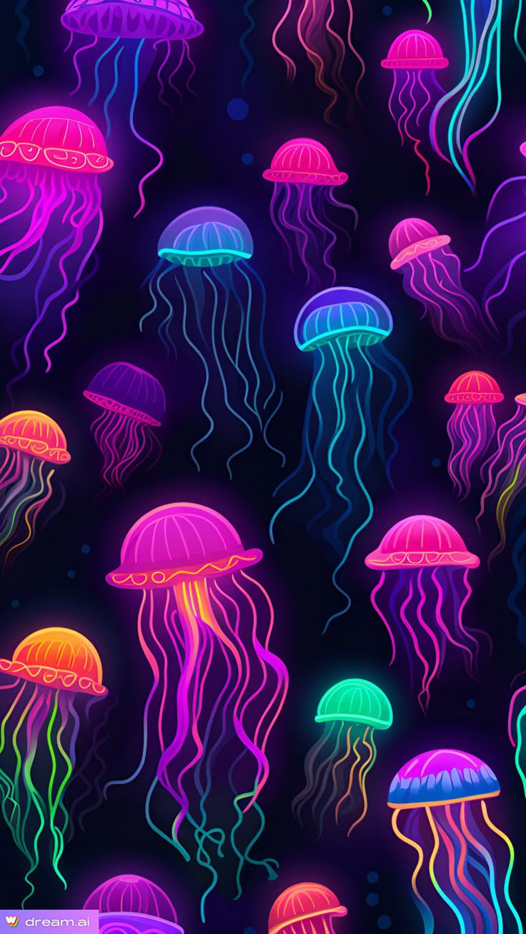 many jellyfishs are glowing in the dark, with different colors on their heads