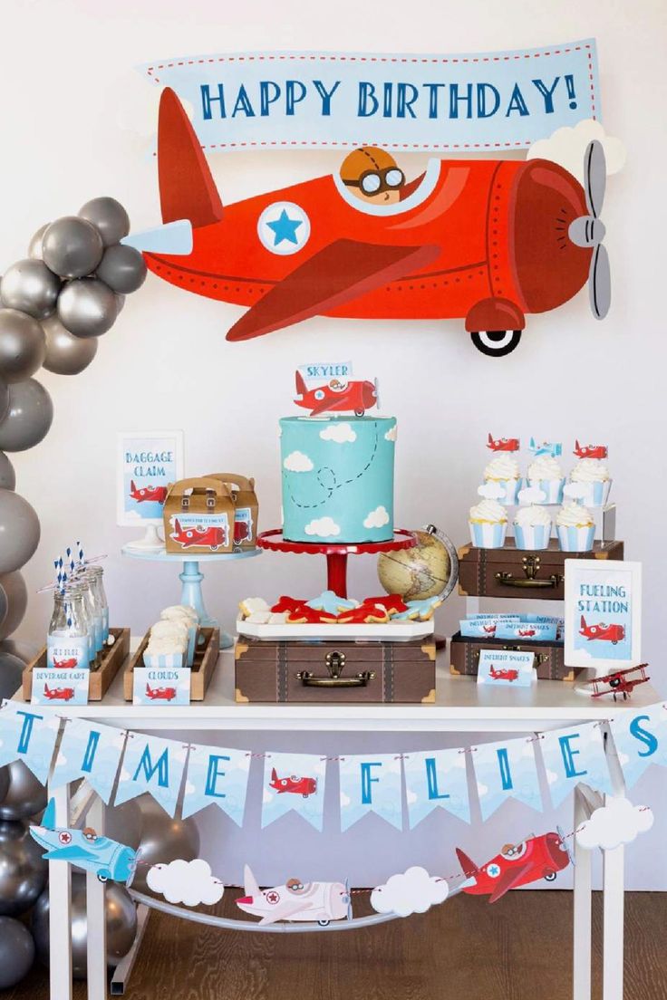 an airplane themed birthday party with balloons and decorations