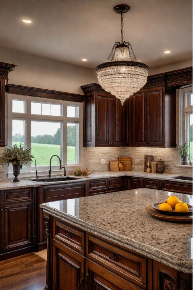 A close-up of a traditional kitchen cabinet door with a small scratch or dent Brick Backsplash With Dark Cabinets, Cabinets In Kitchen Ideas, Dark Cabinets In Kitchen, Updated Traditional Kitchen, Kitchen With Granite, Simple Kitchen Cabinets, Kitchen With Granite Countertops, Traditional Kitchen Cabinets, Dark Brown Cabinets