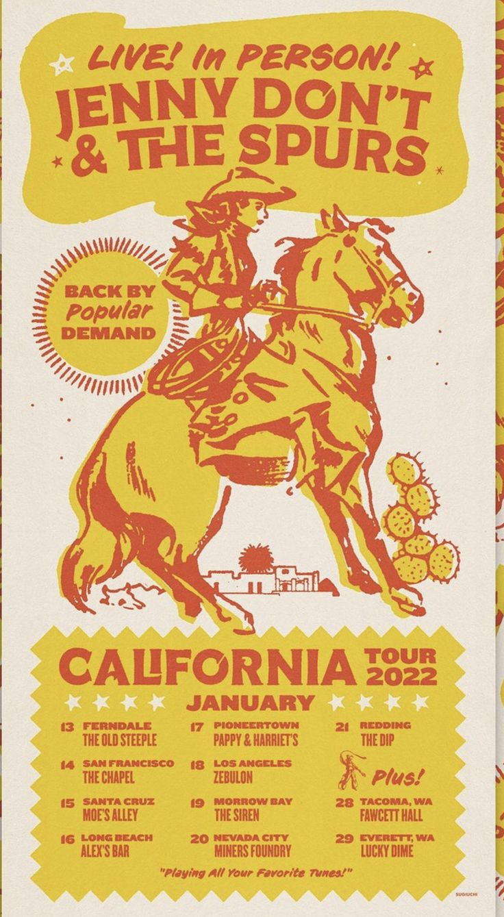 the poster for jenny don't and the spurs in california, with an image of a cowboy riding a horse