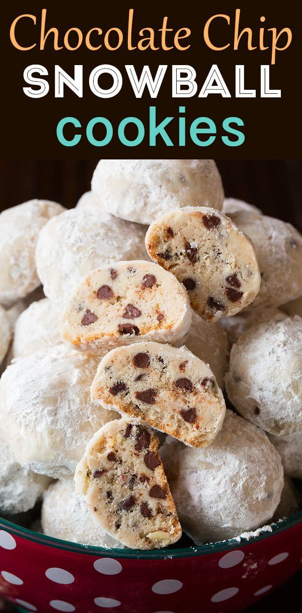 chocolate chip snowball cookies in a red bowl