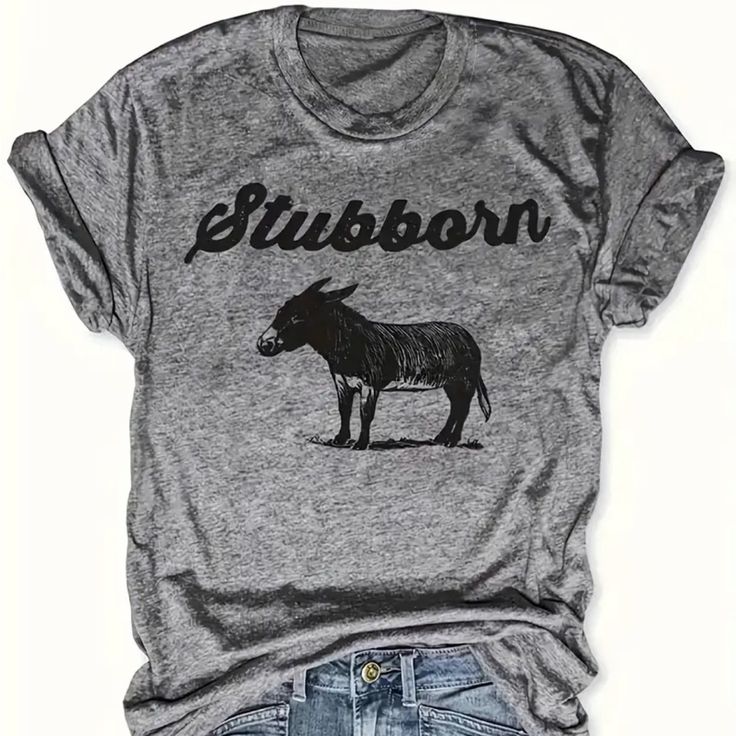 Stubborn Donkey Print T-Shirt, Casual Crew Neck Short Sleeve Top For Spring & Summer, Women's Clothing Animal Print T Shirts, Graphic Tees Women, Top Casual, Printed Tees, Plus Size Tops, Casual T Shirts, Plus Clothing, Printed Shorts, Casual Tops