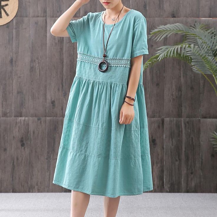 Item Code: 2218609279038Item Type: Dress Material: 71%-80% CottonStyle: CasualSeason: Spring,SummerCollar: O-Neck Closure Type: Pullover Pattern Type: Solid Decoration: EmbroiderySleeve Style: Short Sleeve Length: MidSilhouette: A-Line One Size (fit for EU36-40,US6-10,UK8-14,AU8-14,NZ8-14 ) Shoulder: 40.00 cm/ 15.75 "Bust: 102.00 cm/ 40.16 "Length: 101.00 cm/ 39.76 "Sleeve Length: 21.00 cm/ 8.27 "Cuff: 30.00 cm/ 11.81 "Arm: 36.00 cm/ 14.17 "Waist: 106.00 cm/ 41.73 "Hem: 180.00 cm/ 70.87 "PS1: The measurement is measured by hands,there will be 1 cm-3 cm in error,hope you can understand.PS2: Because of the cut,the pattern would be a little different with the kind.Hope you can understand. The model height:5.2/160cm，weight:115.7lb/52.5kg Casual Light Blue Summer Dress, Solid Color Cotton Beach Dress, Short Sleeve Solid Color Midi Dress For Beach, Solid Color Short Sleeve Midi Dress For Beach, Cotton Solid Color Midi Dress For Beach, Cotton Midi Dress For The Beach, Beach Cotton Midi Dress In Solid Color, Summer Solid Color Short-sleeve Midi Dress, Casual A-line Dress For Beach Season