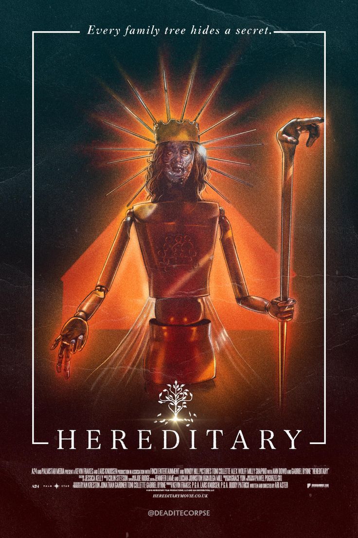 the poster for herediary, which features an image of a woman holding two swords