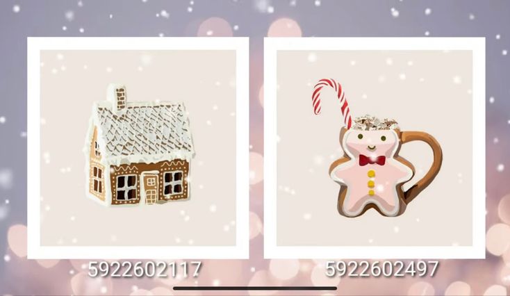 two pictures of gingerbread house with candy cane and gingerbread man ornament