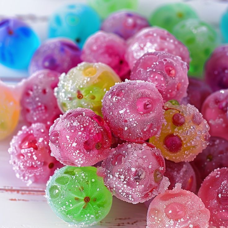 there are many different colored candies in the bowl on the table with water droplets all over them