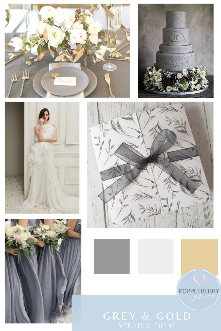 the wedding color scheme is gray and gold