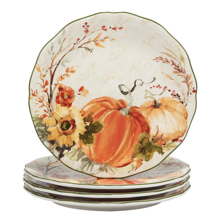 PRICES MAY VARY. Includes: Harvest Morning 11" Dinner Plates, Set of 4 Made With Durable Earthenware Item Dimensions: Harvest Morning 11" Dinner Plates, Set of 4 11" Diam x .75" Perfect For Casual Dining and Entertaining Dishwasher & Microwave Safe for Reheating Only Harvest Blessings, Susan Winget, Fall Gathering, Watercolor Pumpkins, Popular Artists, Dinner Plate Sets, Plates Set, Plate Design, Pumpkin Design