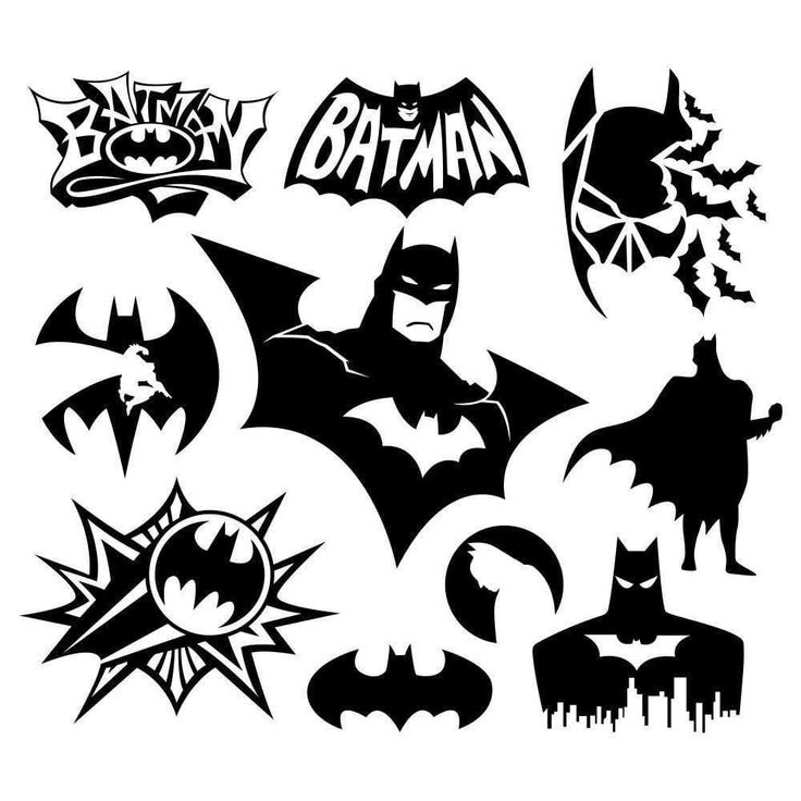 the batman logo is shown in black and white, as well as some other symbols