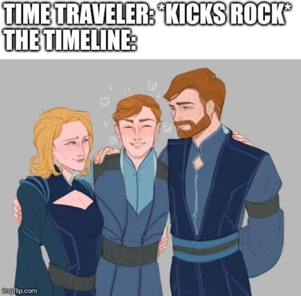 two men and a woman standing next to each other with text that reads time traveler kicks rock the timeline