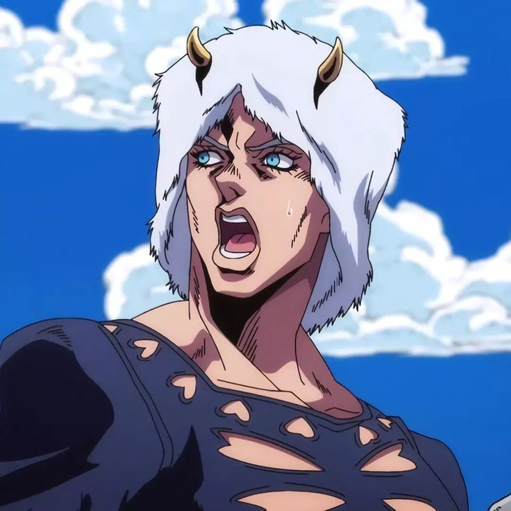 an anime character with horns on his head and blue eyes, in front of clouds