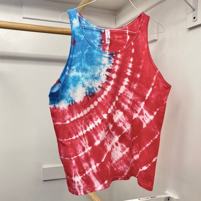 All Tie Dye Shirts Are Brand New, Made/Finished With Quality Fabric And Dye, And Are One Of A Kind! Bella+Canvas Airlume Jersey Tank Top In Red/Blue Design. Top To Bottom: About 28” Pit To Pit: About 21.5” 100% Cotton All Measurements Are Taken Flat. Multicolor Cotton Top For 4th Of July, Casual Red Cotton Tank Top, Casual Blue Tops With American Flag Print, Casual Multicolor Tops For 4th Of July, Red Top For 4th Of July Beach Outing, Red Top For Beach And 4th Of July, Red Cotton Top For Summer, Red Sleeveless Top With Relaxed Fit, Red Sleeveless Relaxed Fit Top