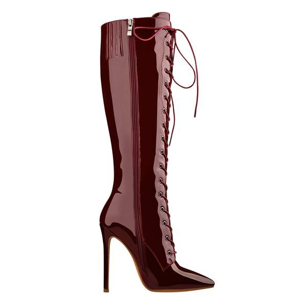 Red Patent Leather Lace Up Pointed Toe Knee High Boots ��– Onlymaker Red High Boots, Red Knee High Boots, Classic Fashion Style, Cloth Collection, Core Memory, Pointed Boots, Patent Boots, Red Louboutin, Patent Leather Boots