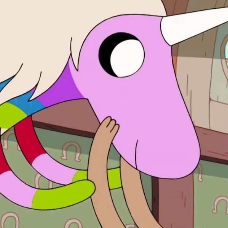 an animated image of a woman holding onto a pink horse's head with big eyes