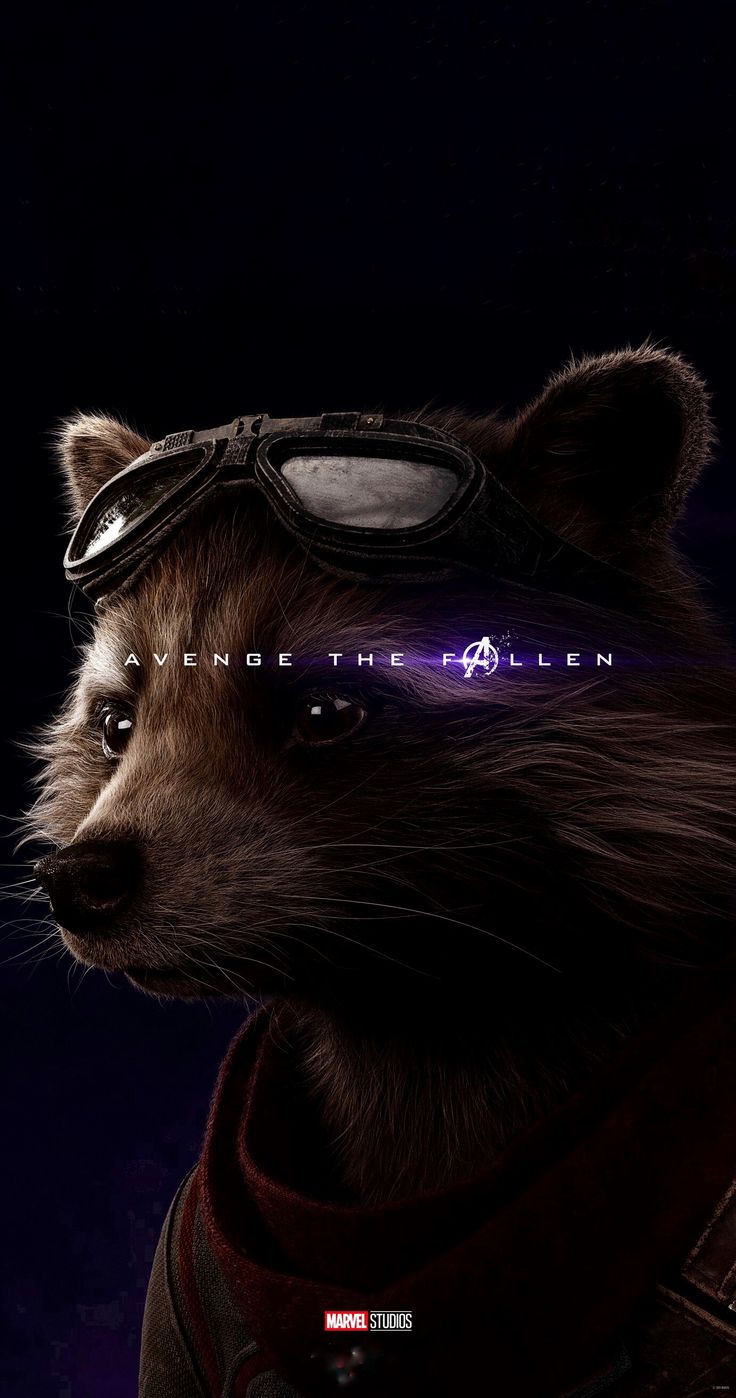 the character rocket raccoon is wearing goggles and standing in front of a dark background