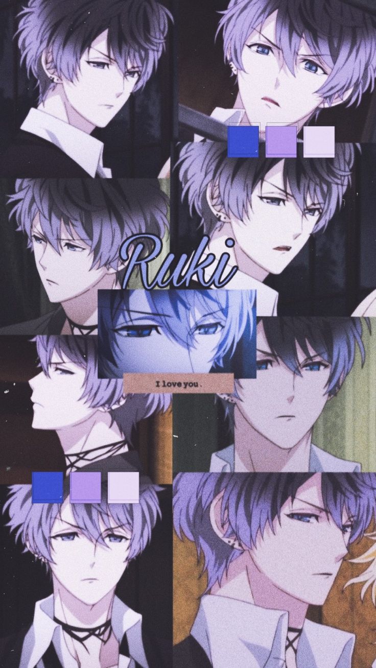 anime character collages with the words ruki in different styles and colors on them