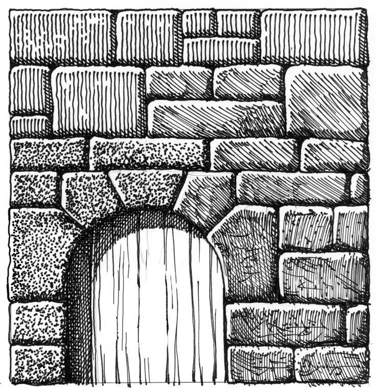 an old brick wall with a door in it, vintage line drawing or engraving illustration