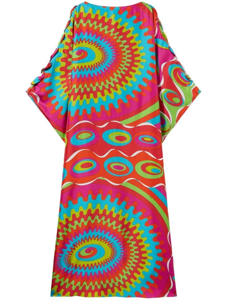 pink/multicolour silk twill weave abstract pattern print boat neck long wide sleeves kaftan silhouette floor-length Multicolor Silk Beachwear Kimono, Multicolor Silk Kimono For Beachwear, Multicolor Silk Dresses With Vibrant Print, Summer Dresses With Abstract Print And Kimono Sleeves, Multicolor Graphic Print Maxi Dress For Vacation, Pink Graphic Print Beach Dress, Spring Multicolor Kaftan With Colorful Pattern, Spring Multicolor Patterned Kaftan, Vibrant Spring Dress With Kimono Sleeves